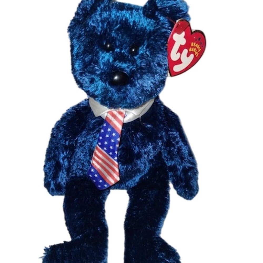 Ty Beanie Baby Pops Father's Day Bear Blue with Flag Necktie‎ 8" 2001